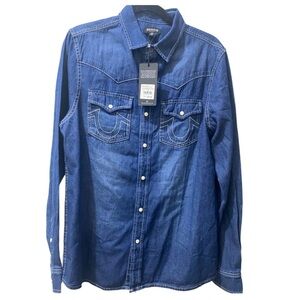 True Religion NWT Men's Chambray Western Dark Blue Wash Shirt Size M